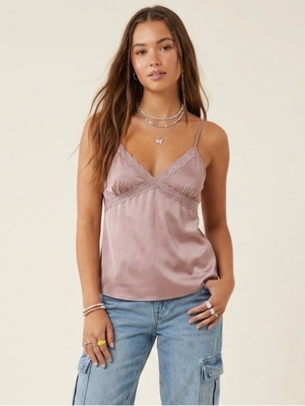 NWT Hippie‎ Rose Mauve Lilac Silky Lace Cami- M